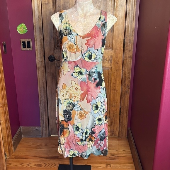 Chico's watercolor Silk Wearable Art Fit & Flare Silk Y2K Slip Midi Dress M/L - Picture 13 of 13